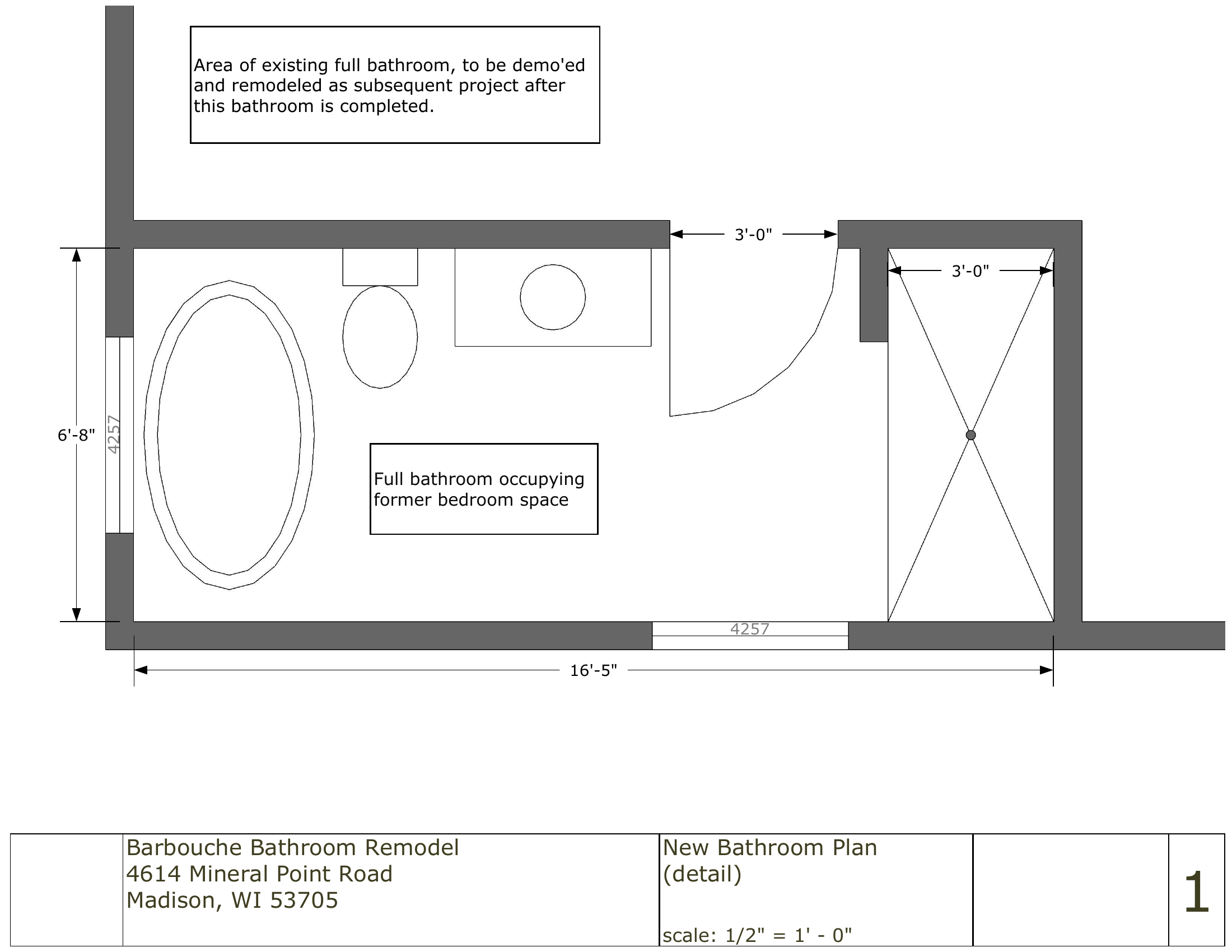 Phase 1 Guest Bath floor plan, 16'-5" x 6'-8"