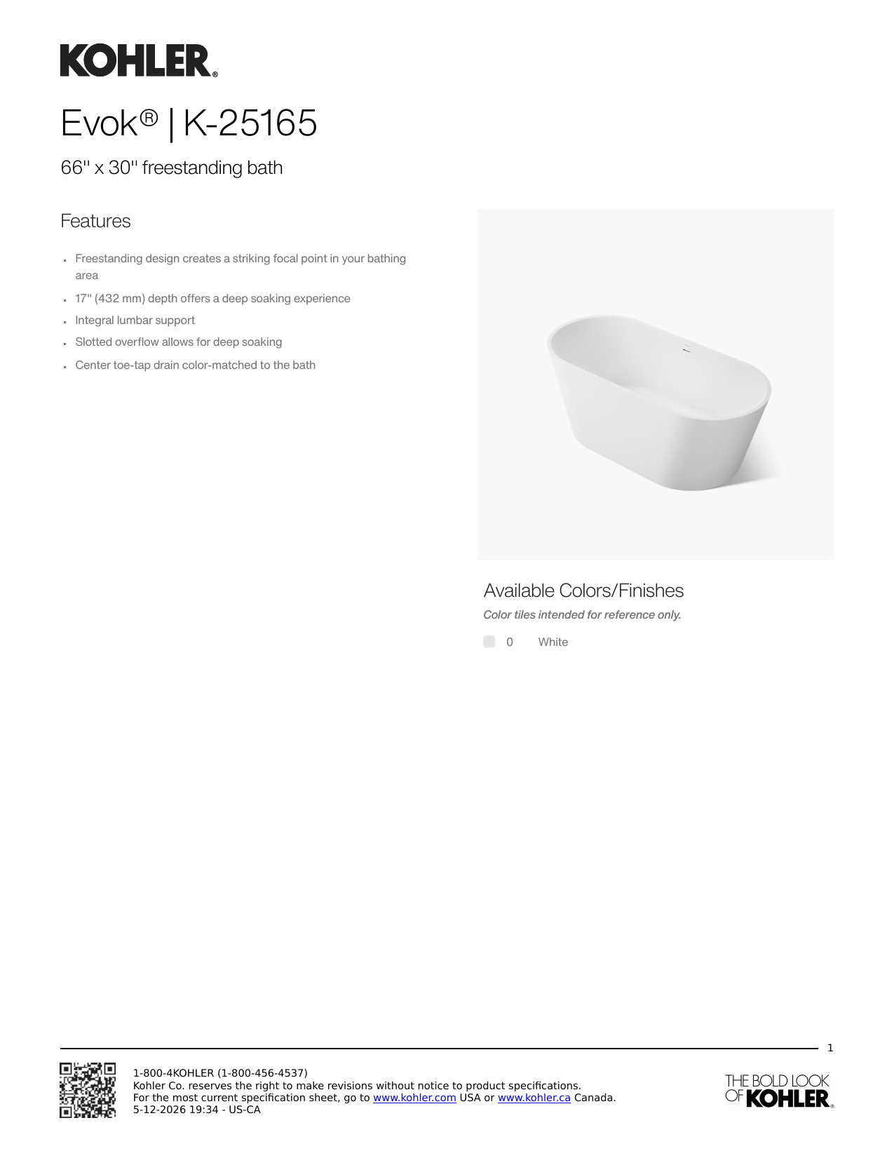 Kohler Evok K-25165 spec sheet — 66 inch by 30 inch freestanding bath
