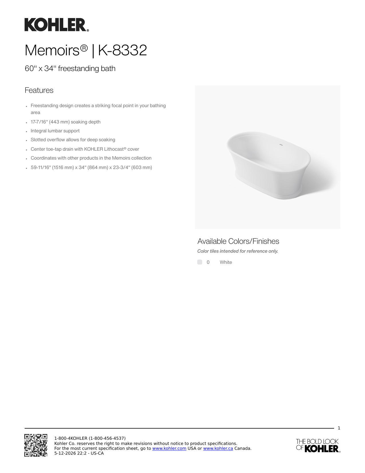 Kohler Memoirs K-8332 spec sheet — 60 inch by 34 inch freestanding bath