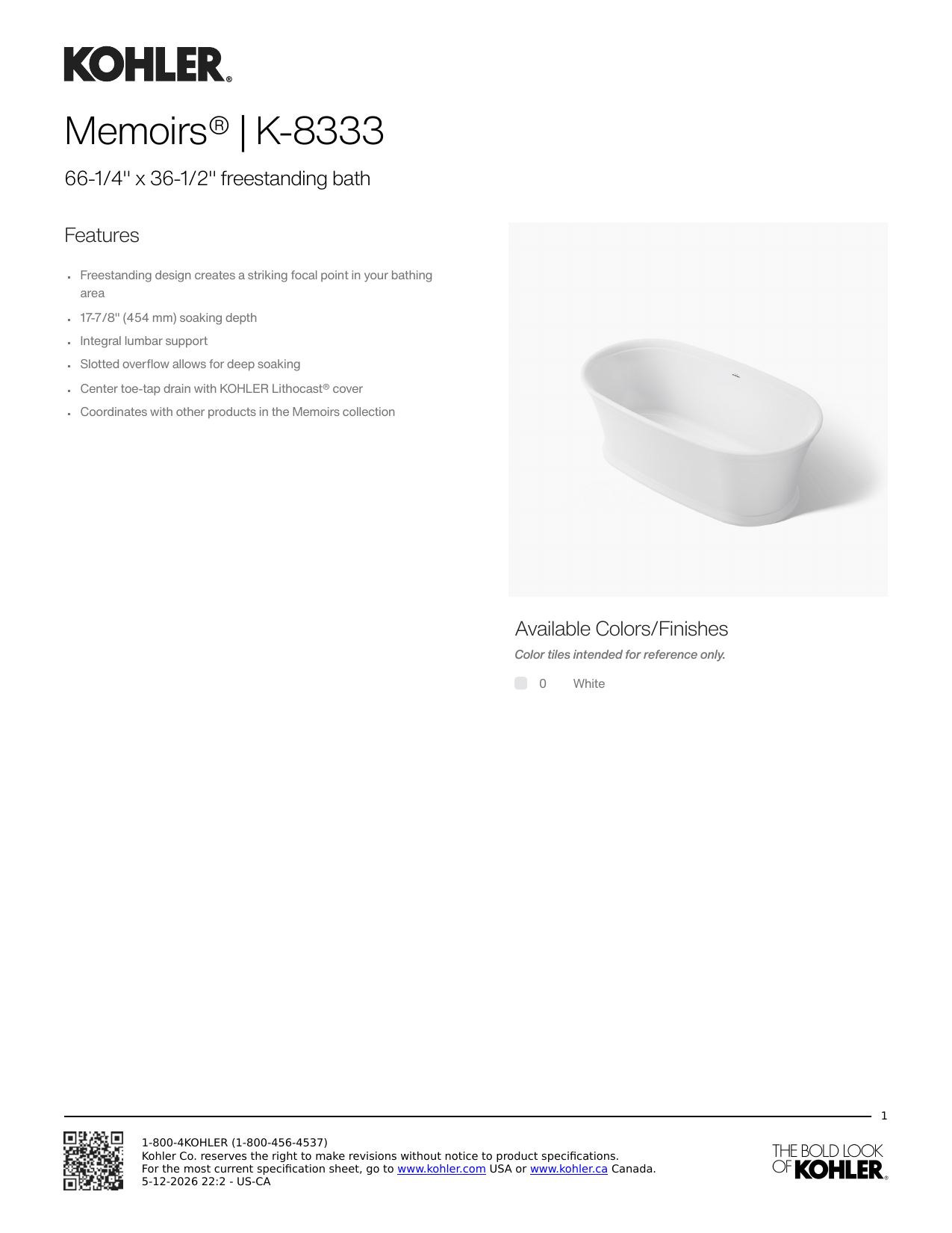 Kohler Memoirs K-8333 spec sheet — 66-1/4 inch by 36-1/2 inch freestanding bath